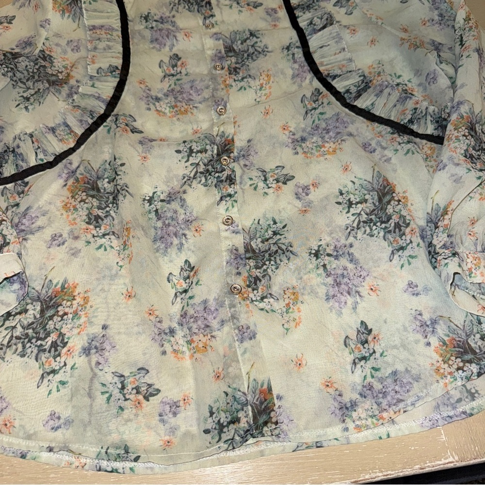 Mint floral Puff Sleeve Ruffled Blouse with Black accents pastel goth mock neck - Picture 4 of 11